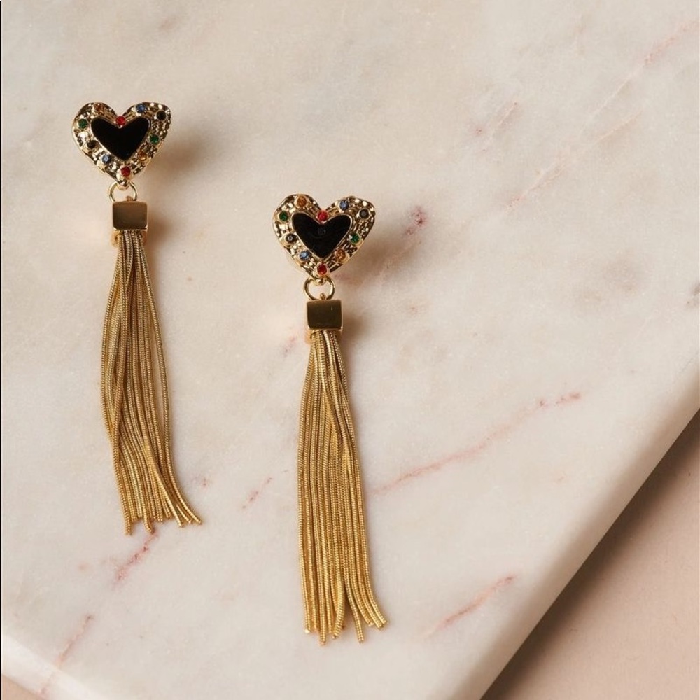 Black & Gold Heart Chain Fringe Drop Earrings